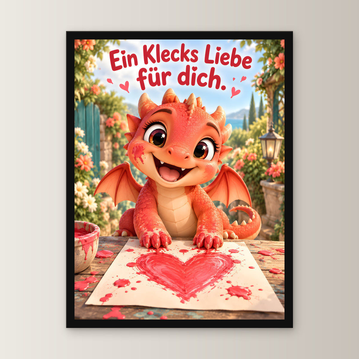 Maldrache – Drachen-Wandbild mit Rahmen. Spruch: Ein Klecks Liebe für dich. 30×40 cm. Schwarzer Holzrahmen ohne Passepartout. 1 FRONTAL