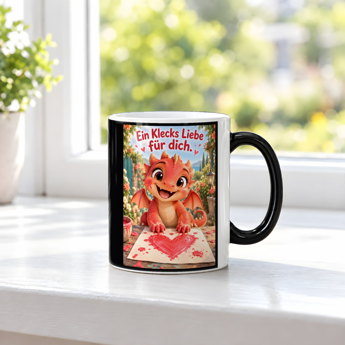 Maldrache – Drachen-Tasse. Spruch: Ein Klecks Liebe für dich. Black Edition mit Wärmeeffekt. 3 FENSTER HEISS.