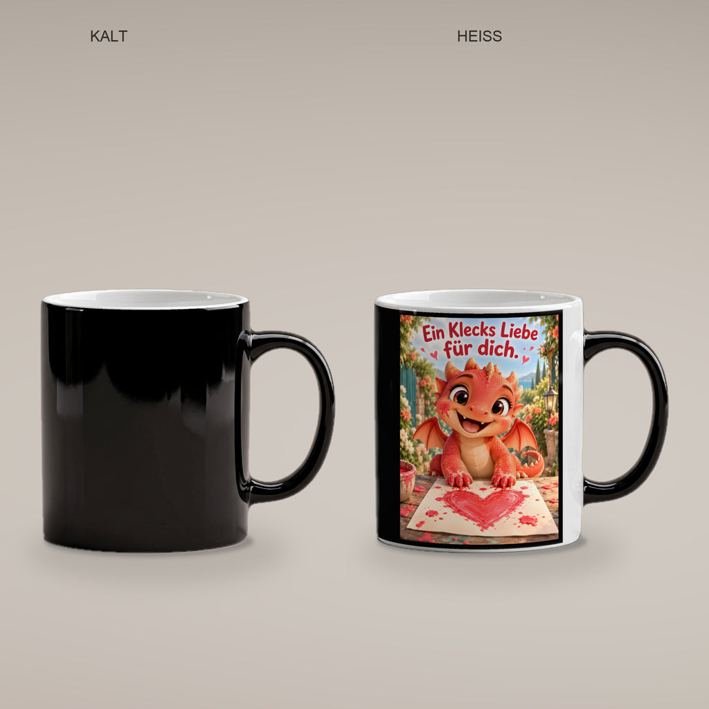 Maldrache – Drachen-Tasse. Spruch: Ein Klecks Liebe für dich. Black Edition mit Wärmeeffekt. 4 KALT HEISS.