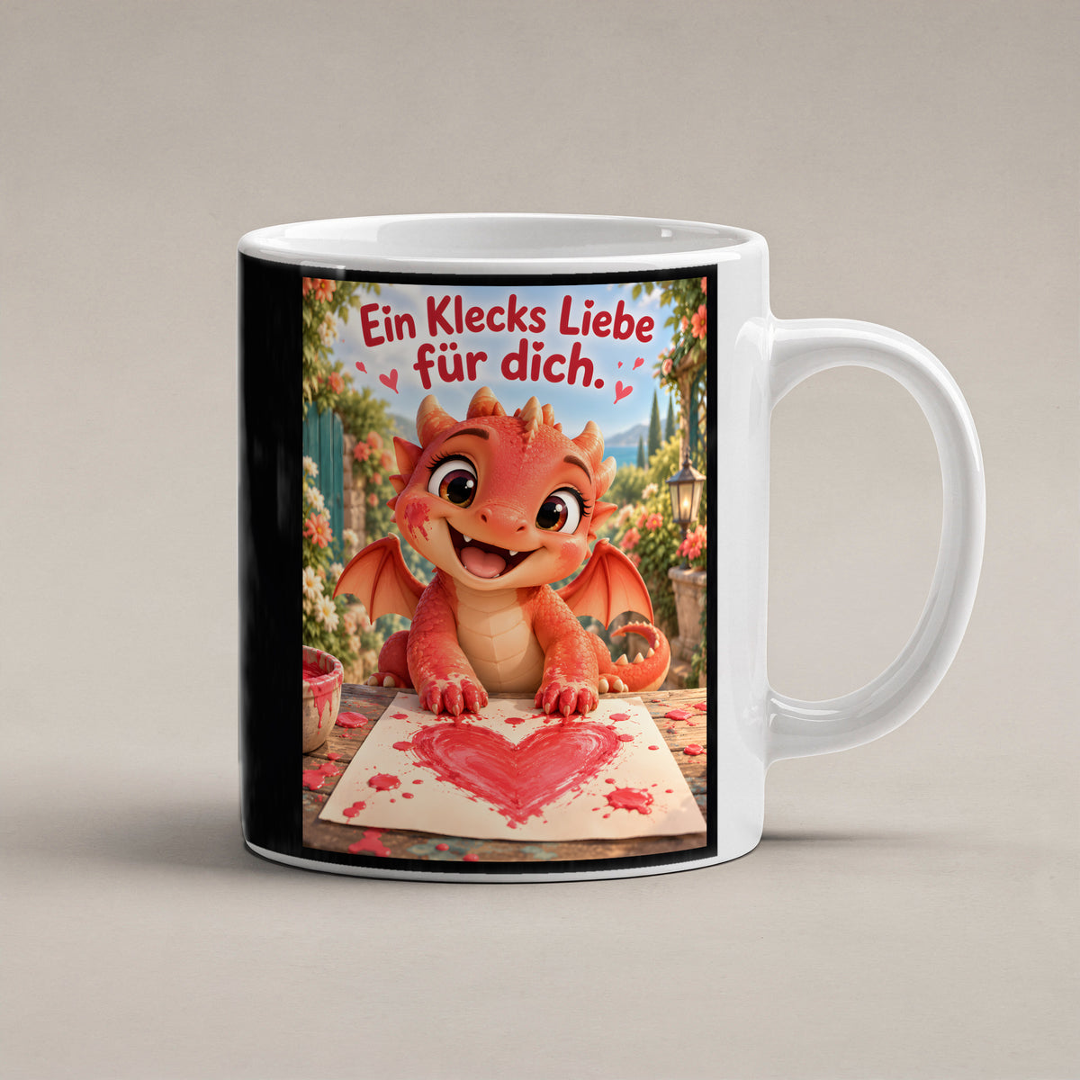 Maldrache – Drachen-Tasse. Spruch: Ein Klecks Liebe für dich. Weiß. 1 STUDIO.