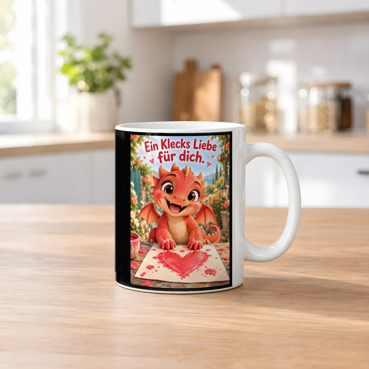 Maldrache – Drachen-Tasse. Spruch: Ein Klecks Liebe für dich. Weiß. 2 KUECHE.
