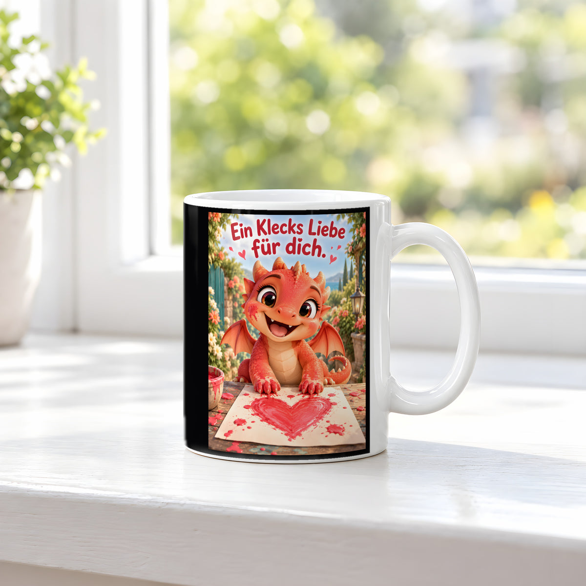 Maldrache – Drachen-Tasse. Spruch: Ein Klecks Liebe für dich. Weiß. 3 FENSTER.