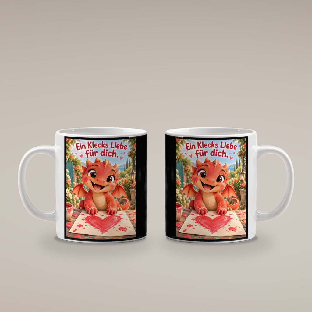 Maldrache – Drachen-Tasse. Spruch: Ein Klecks Liebe für dich. Weiß. 4 BEIDE SEITEN.