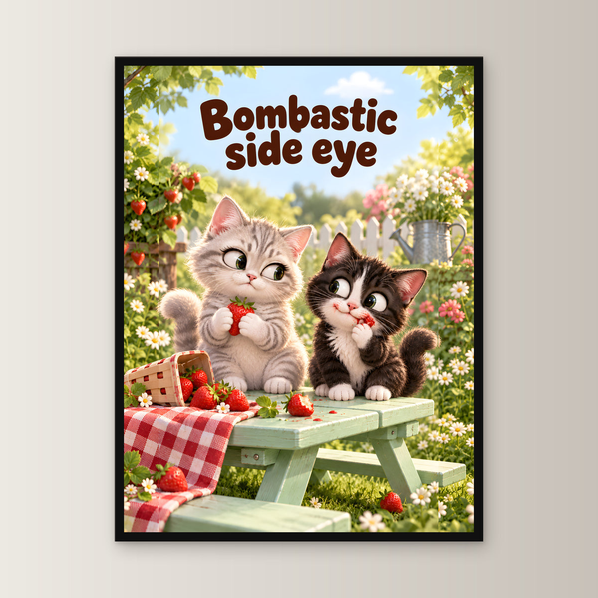 Erdbeer-Side-eye – Gerahmtes Katzenbild. Spruch: Bombastic side eye 45×60 cm. Schwarzer Holzrahmen ohne Passepartout. 1 FRONTAL