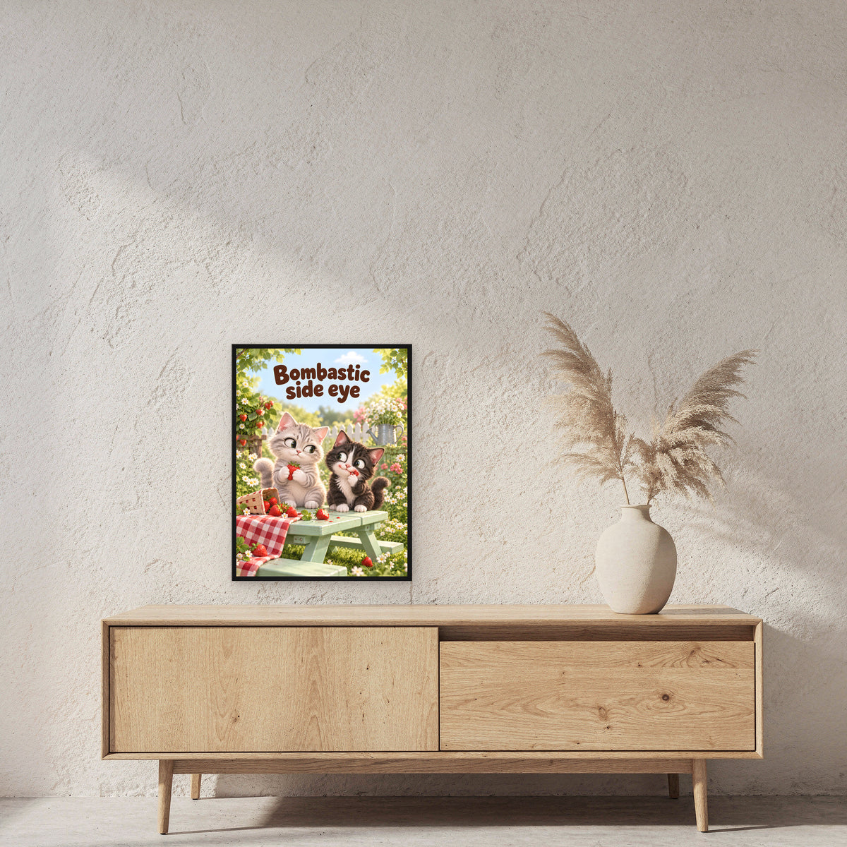 Erdbeer-Side-eye – Gerahmtes Katzenbild. Spruch: Bombastic side eye 45×60 cm. Schwarzer Holzrahmen ohne Passepartout. 2 RAUM 45x60cm