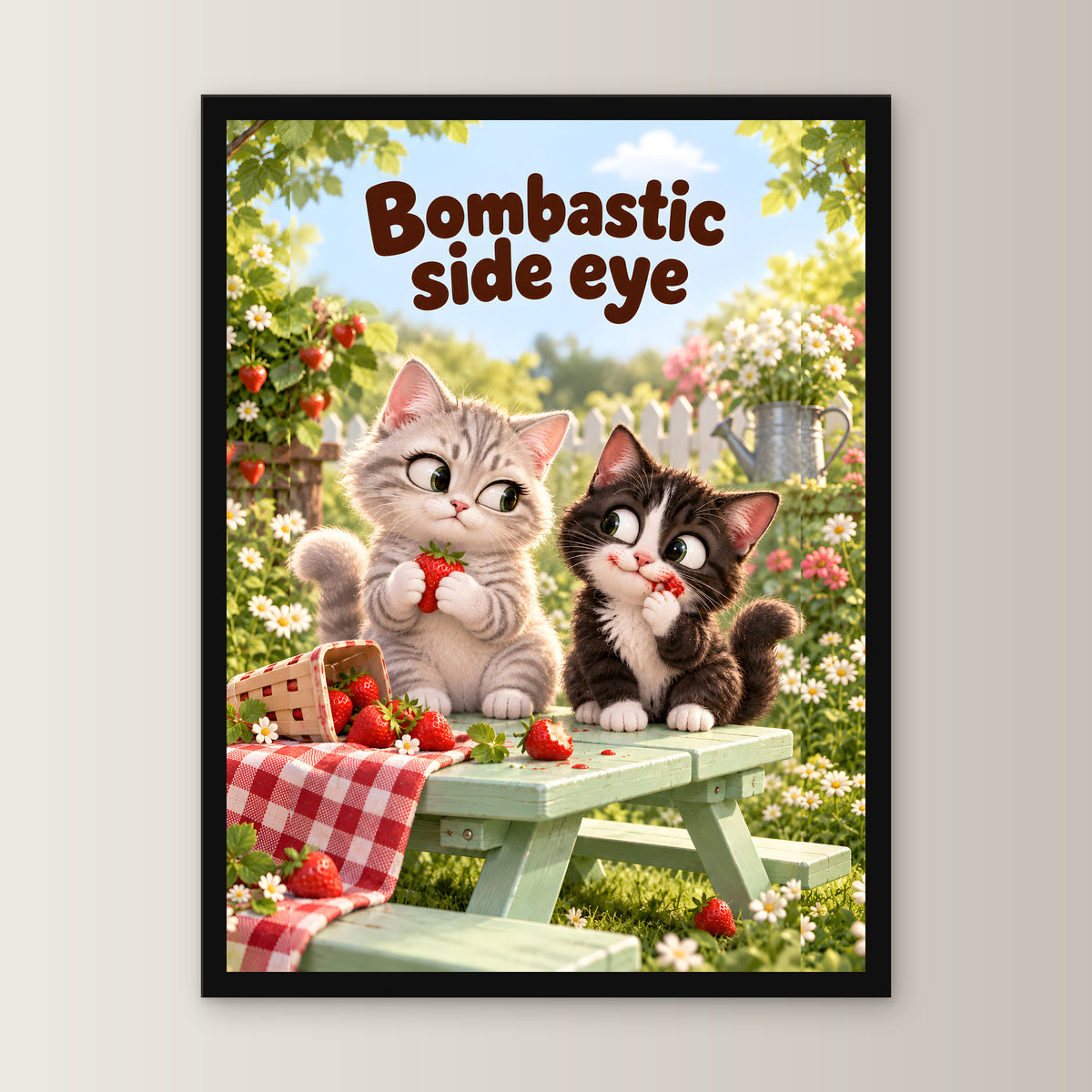 Erdbeer-Side-eye – Gerahmtes Katzenbild. Spruch: Bombastic side eye 30×40 cm. Schwarzer Holzrahmen ohne Passepartout. 1 FRONTAL