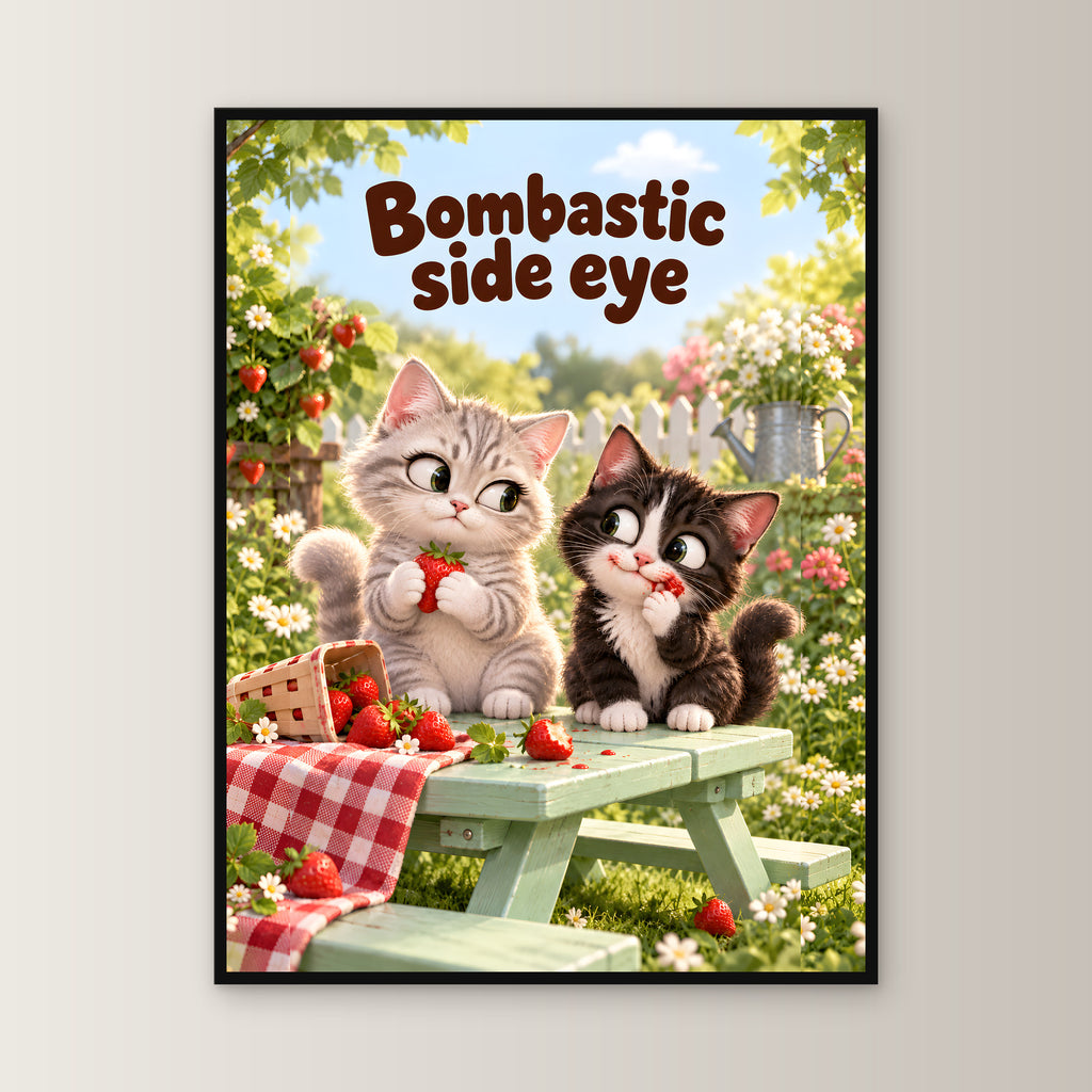 Erdbeer-Side-eye – Gerahmtes Katzenbild. Spruch: Bombastic side eye 60×80 cm. Schwarzer Holzrahmen ohne Passepartout. 1 FRONTAL