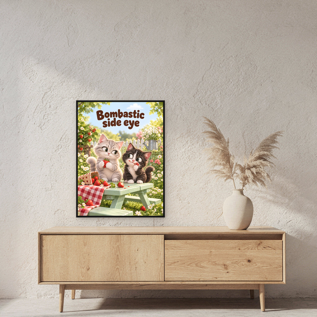 Erdbeer-Side-eye – Gerahmtes Katzenbild. Spruch: Bombastic side eye 60×80 cm. Schwarzer Holzrahmen ohne Passepartout. 2 RAUM 60x80cm