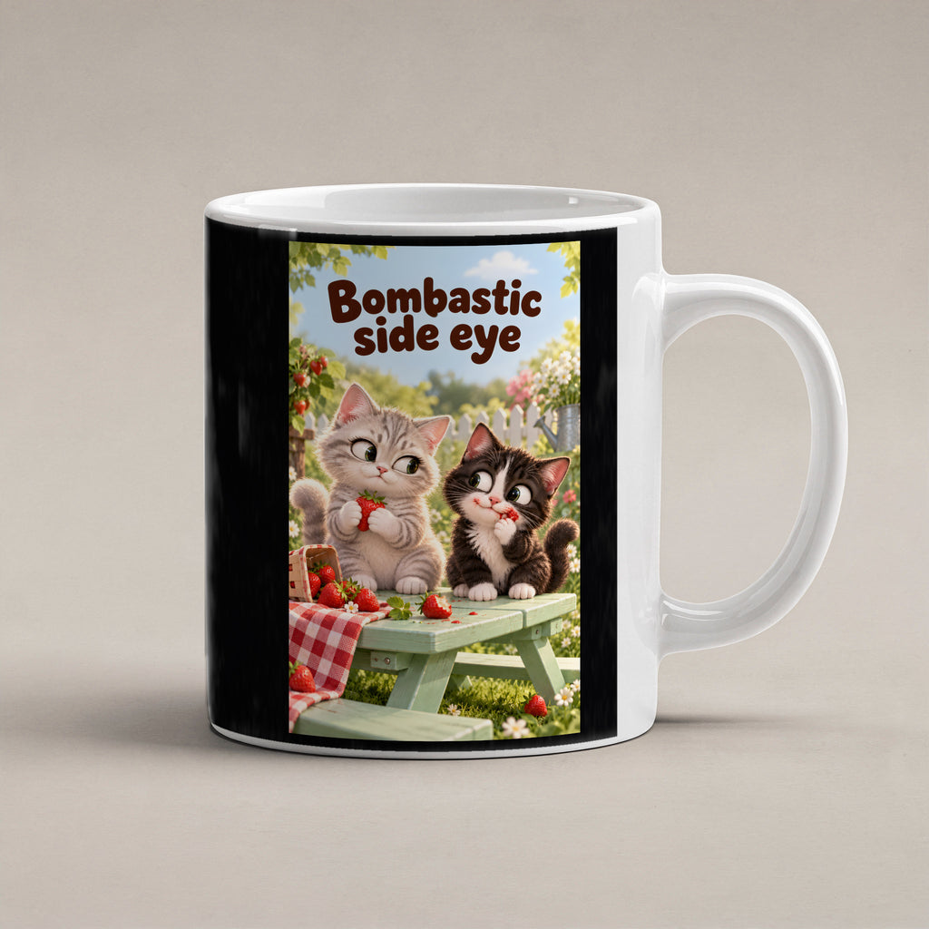 Zwei Kätzchen mit Erdbeeren auf einer Gartenbank werfen sich einen Seitenblick zu. Spruch: Bombastic side eye – weiße Tasse, Studioansicht.