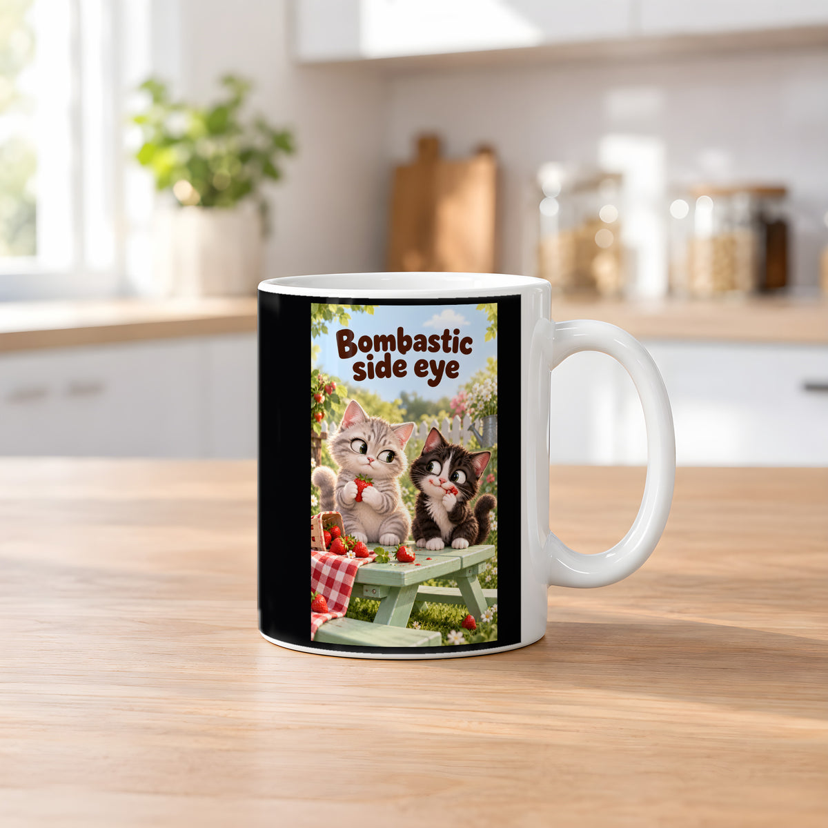 Zwei Kätzchen mit Erdbeeren auf einer Gartenbank werfen sich einen Seitenblick zu. Spruch: Bombastic side eye – weiße Tasse, Küchenansicht.