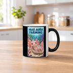 Ein rosa Axolotl ruht in einer schimmernden Muschel mit einer Blase auf dem Kopf; daneben sitzt eine Schnecke. Spruch: MAX AURA FARMING – Black Edition mit Wärmeeffekt, Küchenansicht.