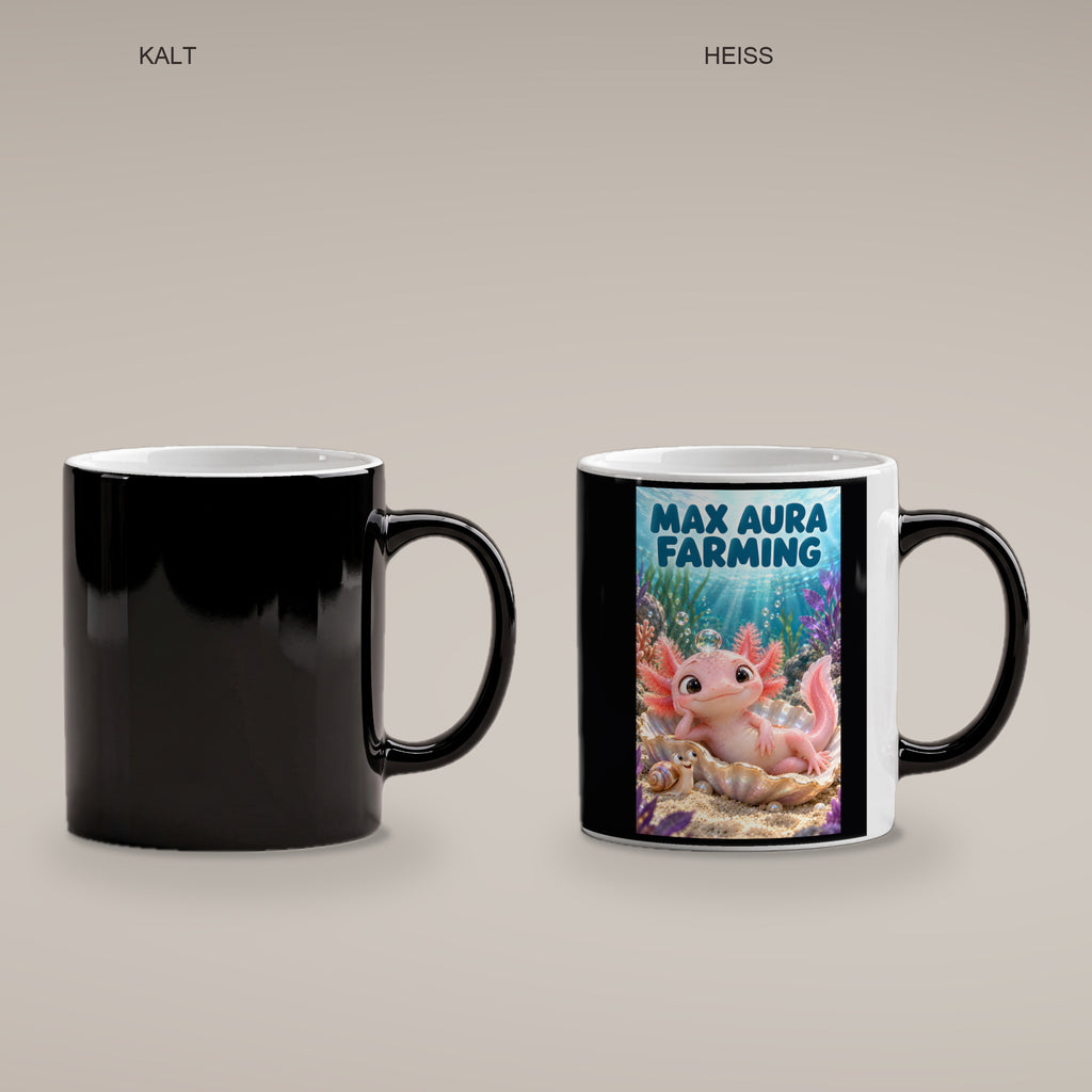 Ein rosa Axolotl ruht in einer schimmernden Muschel mit einer Blase auf dem Kopf; daneben sitzt eine Schnecke. Spruch: MAX AURA FARMING – Black Edition mit Wärmeeffekt, Vergleich kalt und heiß.