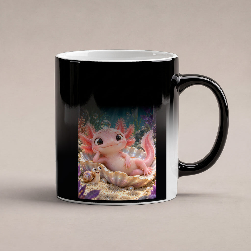 Ein rosa Axolotl ruht in einer schimmernden Muschel mit einer Blase auf dem Kopf; daneben sitzt eine Schnecke. Spruch: MAX AURA FARMING – Black Edition mit Wärmeeffekt, Wärmeeffekt.