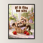 Wir passen da rein – Gerahmtes Frettchenbild. Spruch: If it fits he sits 45×60 cm. Schwarzer Holzrahmen ohne Passepartout. 1 FRONTAL