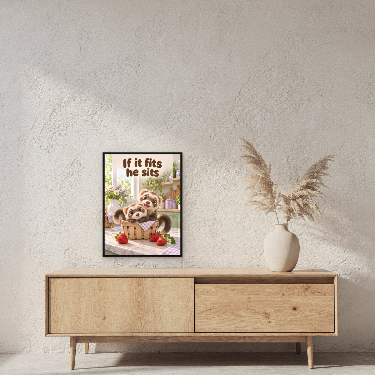 Wir passen da rein – Gerahmtes Frettchenbild. Spruch: If it fits he sits 45×60 cm. Schwarzer Holzrahmen ohne Passepartout. 2 RAUM 45x60cm