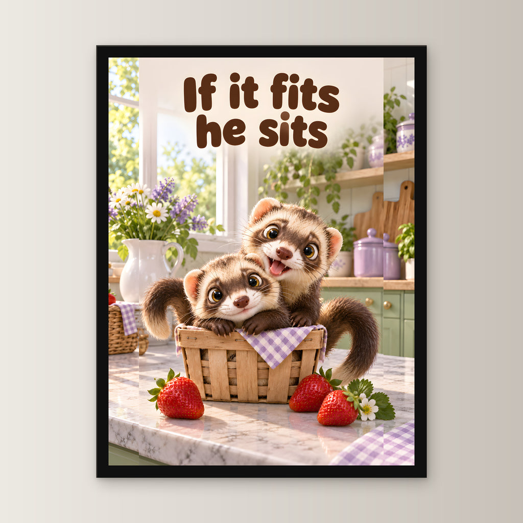 Wir passen da rein – Gerahmtes Frettchenbild. Spruch: If it fits he sits 30×40 cm. Schwarzer Holzrahmen ohne Passepartout. 1 FRONTAL