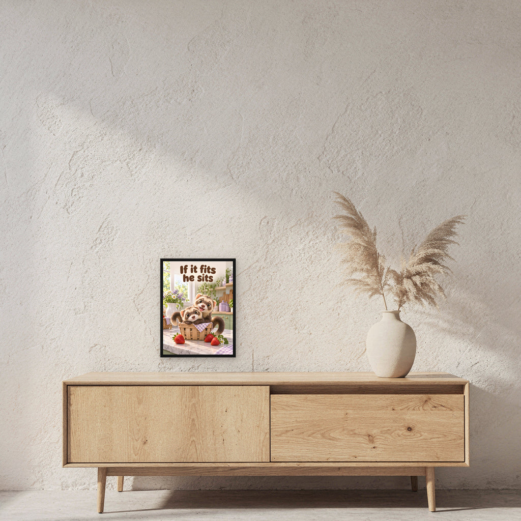 Wir passen da rein – Gerahmtes Frettchenbild. Spruch: If it fits he sits 30×40 cm. Schwarzer Holzrahmen ohne Passepartout. 2 RAUM 30x40cm