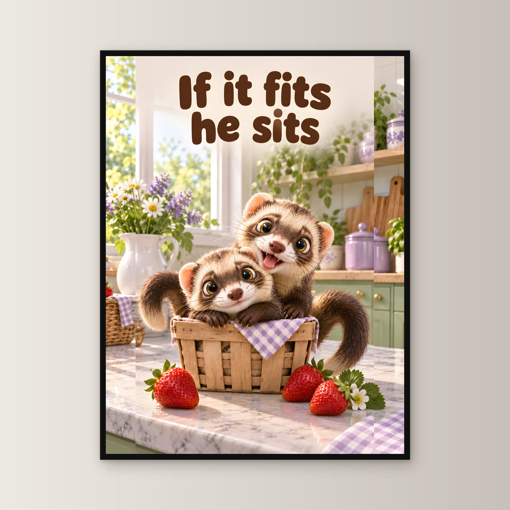 Wir passen da rein – Gerahmtes Frettchenbild. Spruch: If it fits he sits 60×80 cm. Schwarzer Holzrahmen ohne Passepartout. 1 FRONTAL