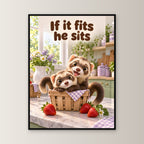 Wir passen da rein – Gerahmtes Frettchenbild. Spruch: If it fits he sits 60×80 cm. Schwarzer Holzrahmen ohne Passepartout. 1 FRONTAL