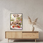 Wir passen da rein – Gerahmtes Frettchenbild. Spruch: If it fits he sits 60×80 cm. Schwarzer Holzrahmen ohne Passepartout. 2 RAUM 60x80cm