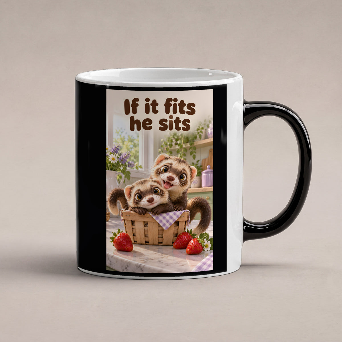 Zwei Frettchen kuscheln gemeinsam in einem kleinen Korb zwischen Erdbeeren. Spruch: If it fits he sits – Black Edition mit Wärmeeffekt, Studioansicht.