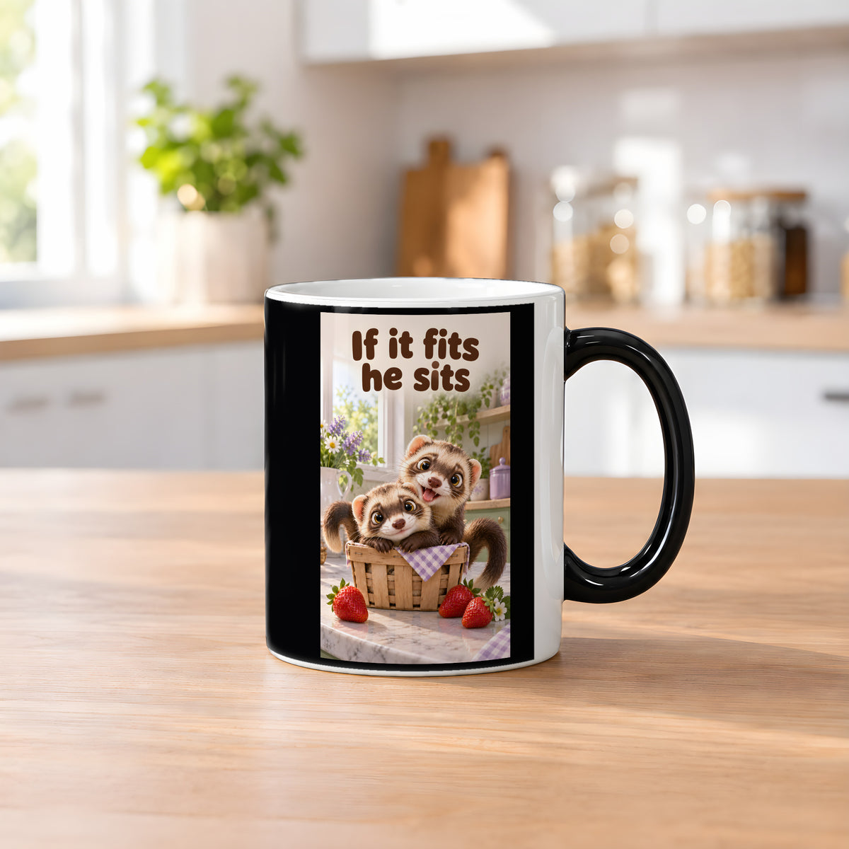 Zwei Frettchen kuscheln gemeinsam in einem kleinen Korb zwischen Erdbeeren. Spruch: If it fits he sits – Black Edition mit Wärmeeffekt, Küchenansicht.