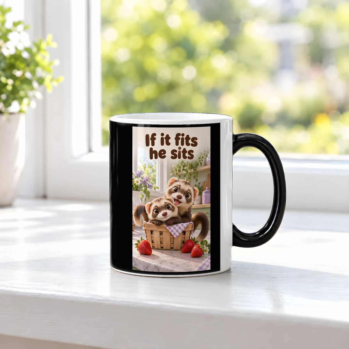 Zwei Frettchen kuscheln gemeinsam in einem kleinen Korb zwischen Erdbeeren. Spruch: If it fits he sits – Black Edition mit Wärmeeffekt, Ansicht am Fenster.