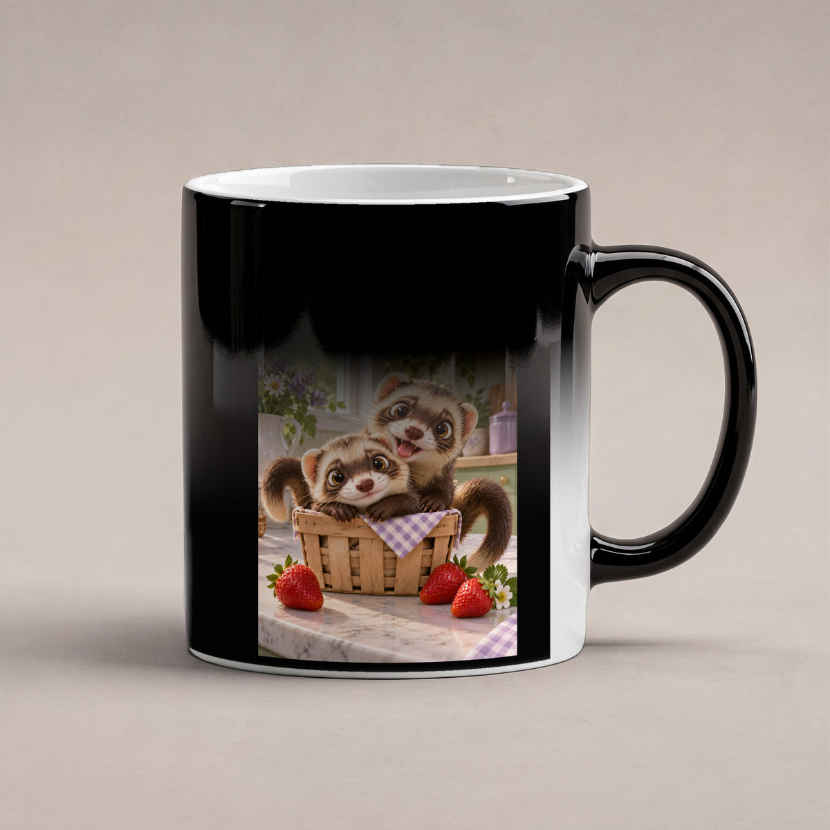 Zwei Frettchen kuscheln gemeinsam in einem kleinen Korb zwischen Erdbeeren. Spruch: If it fits he sits – Black Edition mit Wärmeeffekt, Wärmeeffekt.
