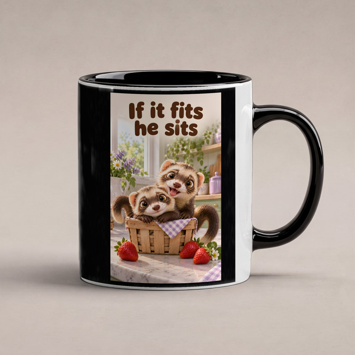 Zwei Frettchen kuscheln gemeinsam in einem kleinen Korb zwischen Erdbeeren. Spruch: If it fits he sits – Tasse innen schwarz, Studioansicht.