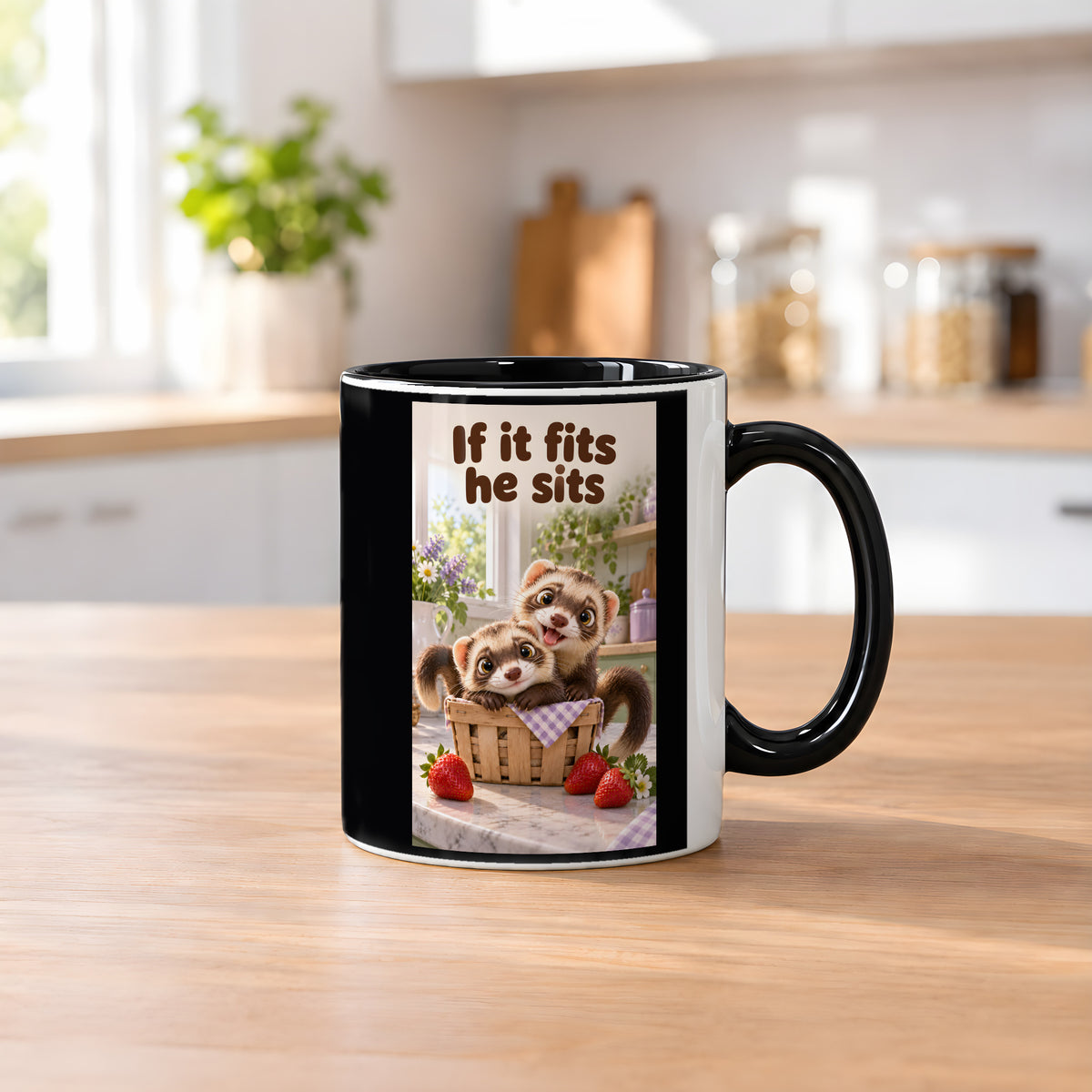 Zwei Frettchen kuscheln gemeinsam in einem kleinen Korb zwischen Erdbeeren. Spruch: If it fits he sits – Tasse innen schwarz, Küchenansicht.