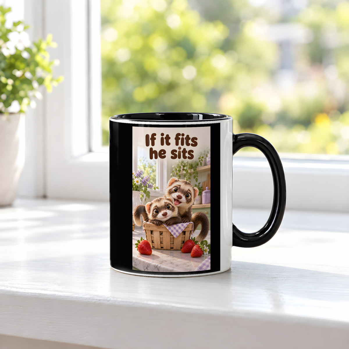 Zwei Frettchen kuscheln gemeinsam in einem kleinen Korb zwischen Erdbeeren. Spruch: If it fits he sits – Tasse innen schwarz, Ansicht am Fenster.
