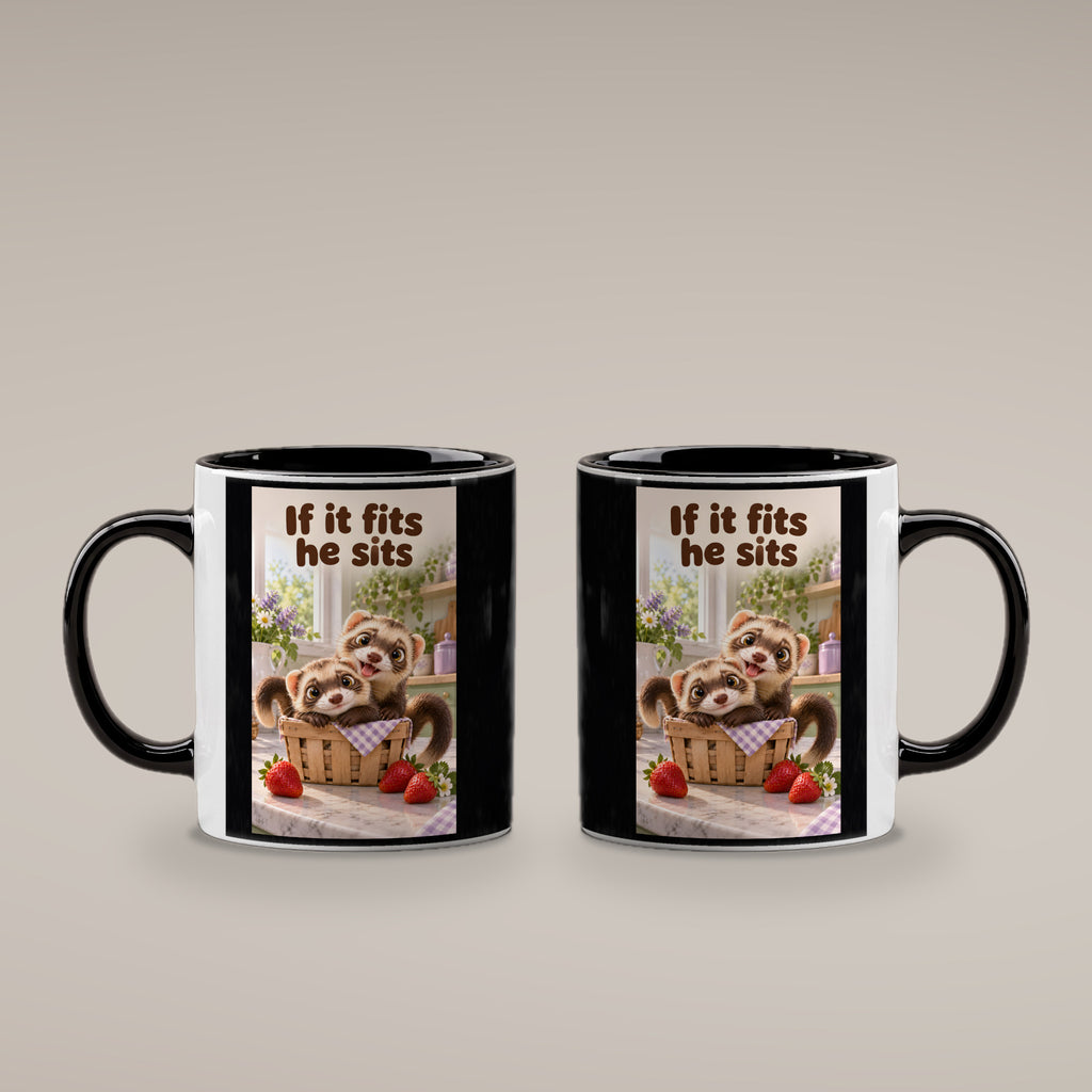 Zwei Frettchen kuscheln gemeinsam in einem kleinen Korb zwischen Erdbeeren. Spruch: If it fits he sits – Tasse innen schwarz, beide Motivseiten.