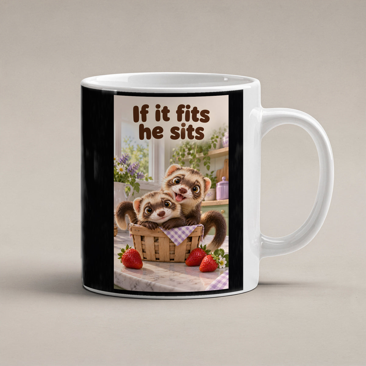 Zwei Frettchen kuscheln gemeinsam in einem kleinen Korb zwischen Erdbeeren. Spruch: If it fits he sits – weiße Tasse, Studioansicht.