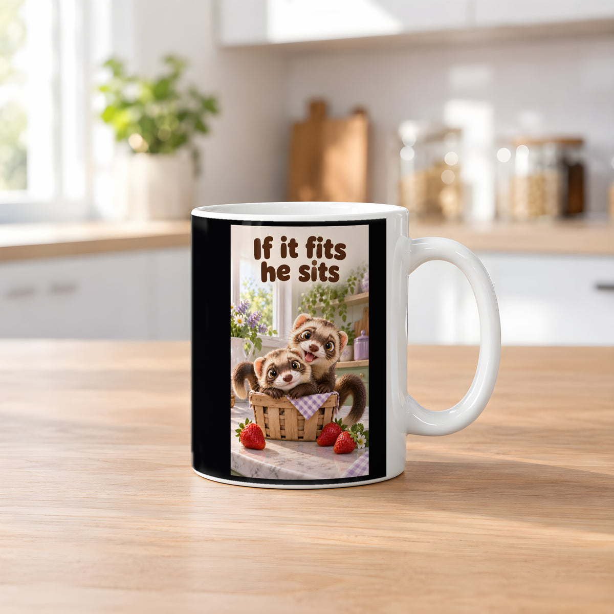 Zwei Frettchen kuscheln gemeinsam in einem kleinen Korb zwischen Erdbeeren. Spruch: If it fits he sits – weiße Tasse, Küchenansicht.