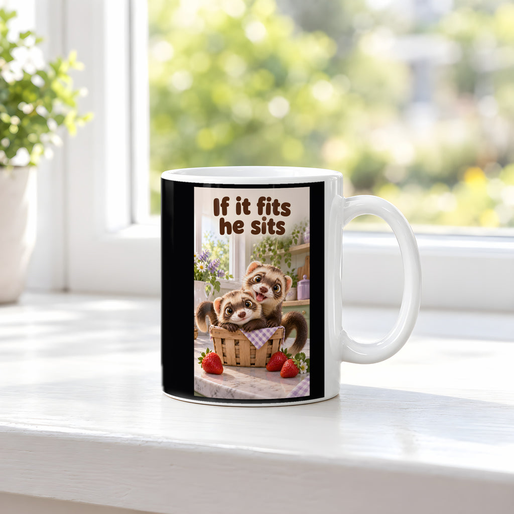 Zwei Frettchen kuscheln gemeinsam in einem kleinen Korb zwischen Erdbeeren. Spruch: If it fits he sits – weiße Tasse, Ansicht am Fenster.