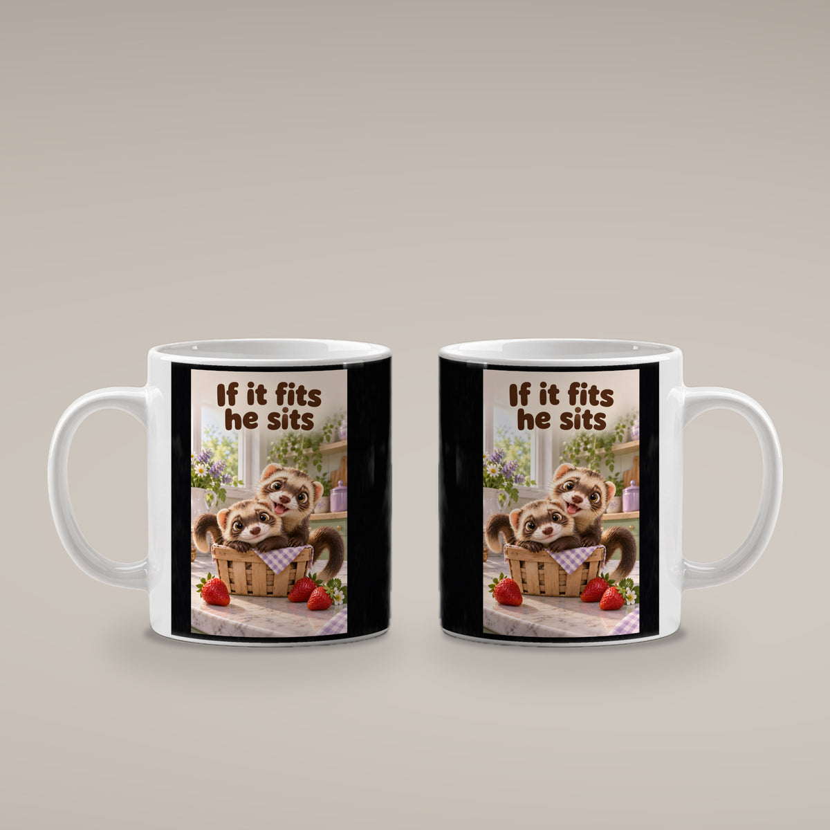 Zwei Frettchen kuscheln gemeinsam in einem kleinen Korb zwischen Erdbeeren. Spruch: If it fits he sits – weiße Tasse, beide Motivseiten.