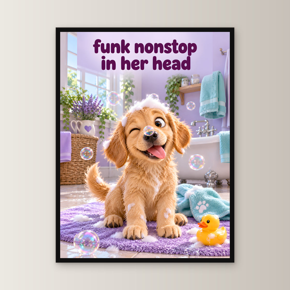 Blasen-Zwinkern – Gerahmtes Hundebild. Spruch: funk nonstop in her head 45×60 cm. Schwarzer Holzrahmen ohne Passepartout. 1 FRONTAL