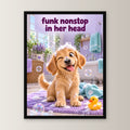 Blasen-Zwinkern – Gerahmtes Hundebild. Spruch: funk nonstop in her head 30×40 cm. Schwarzer Holzrahmen ohne Passepartout. 1 FRONTAL