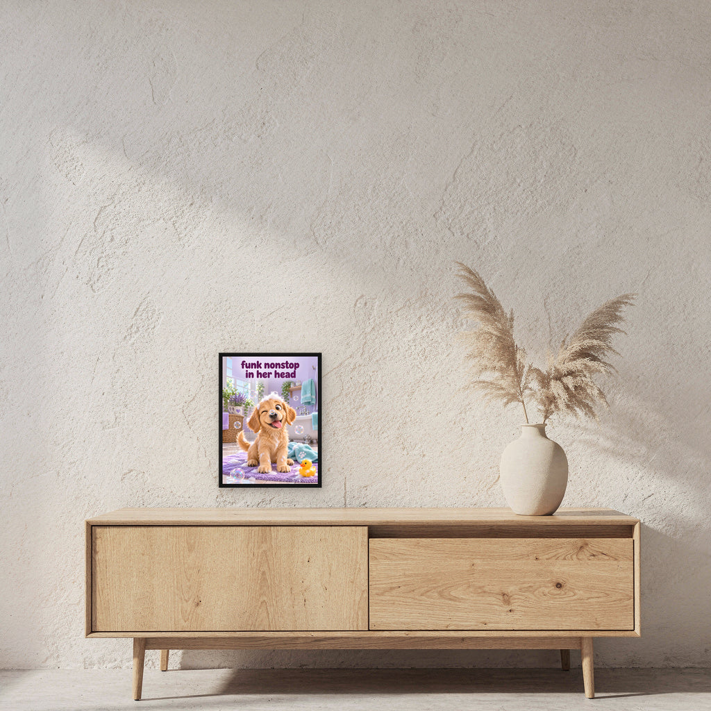 Blasen-Zwinkern – Gerahmtes Hundebild. Spruch: funk nonstop in her head 30×40 cm. Schwarzer Holzrahmen ohne Passepartout. 2 RAUM 30x40cm