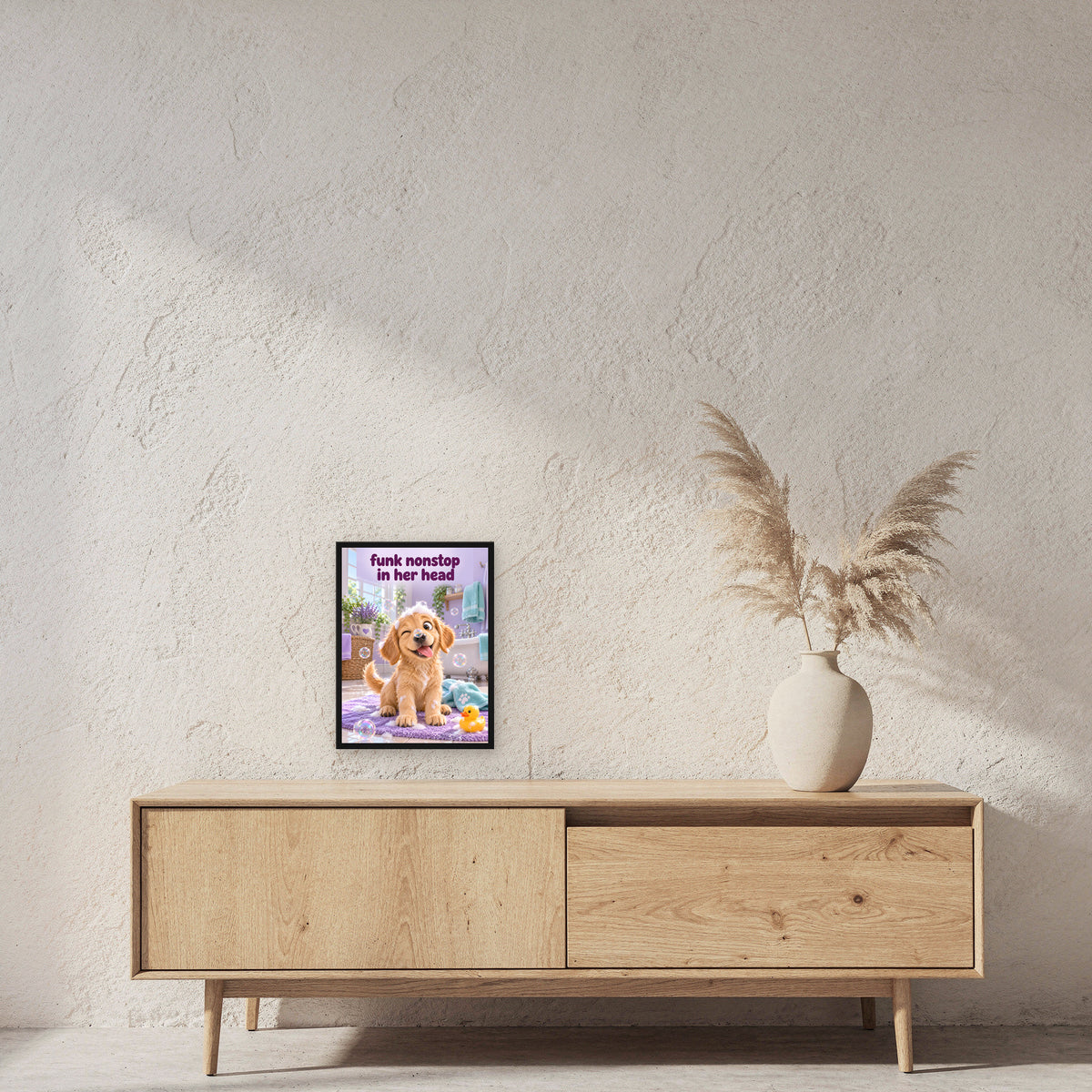 Blasen-Zwinkern – Gerahmtes Hundebild. Spruch: funk nonstop in her head 30×40 cm. Schwarzer Holzrahmen ohne Passepartout. 2 RAUM 30x40cm