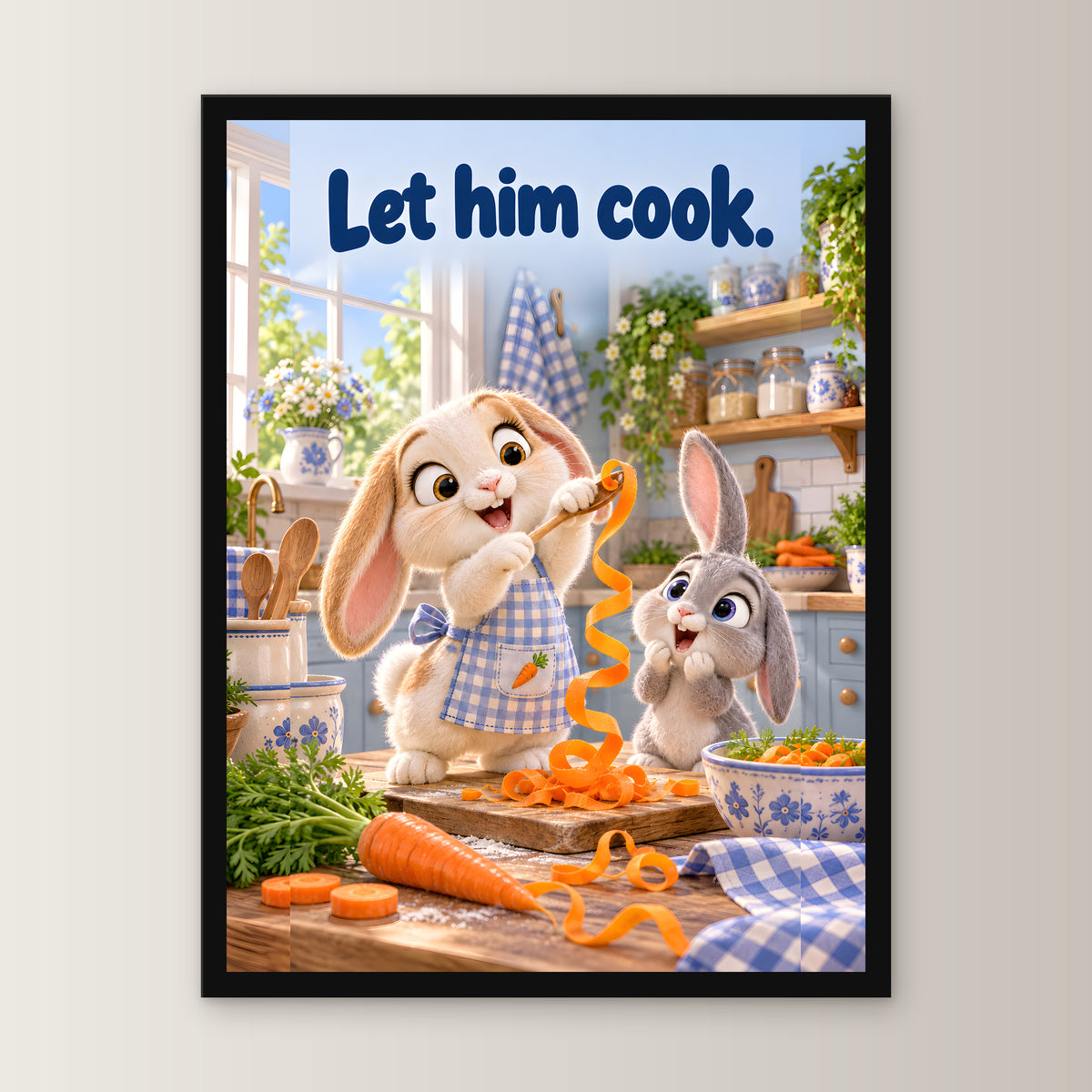 Möhren-Spaghetti – Gerahmtes Kaninchenbild. Spruch: Let him cook. 30×40 cm. Schwarzer Holzrahmen ohne Passepartout. 1 FRONTAL