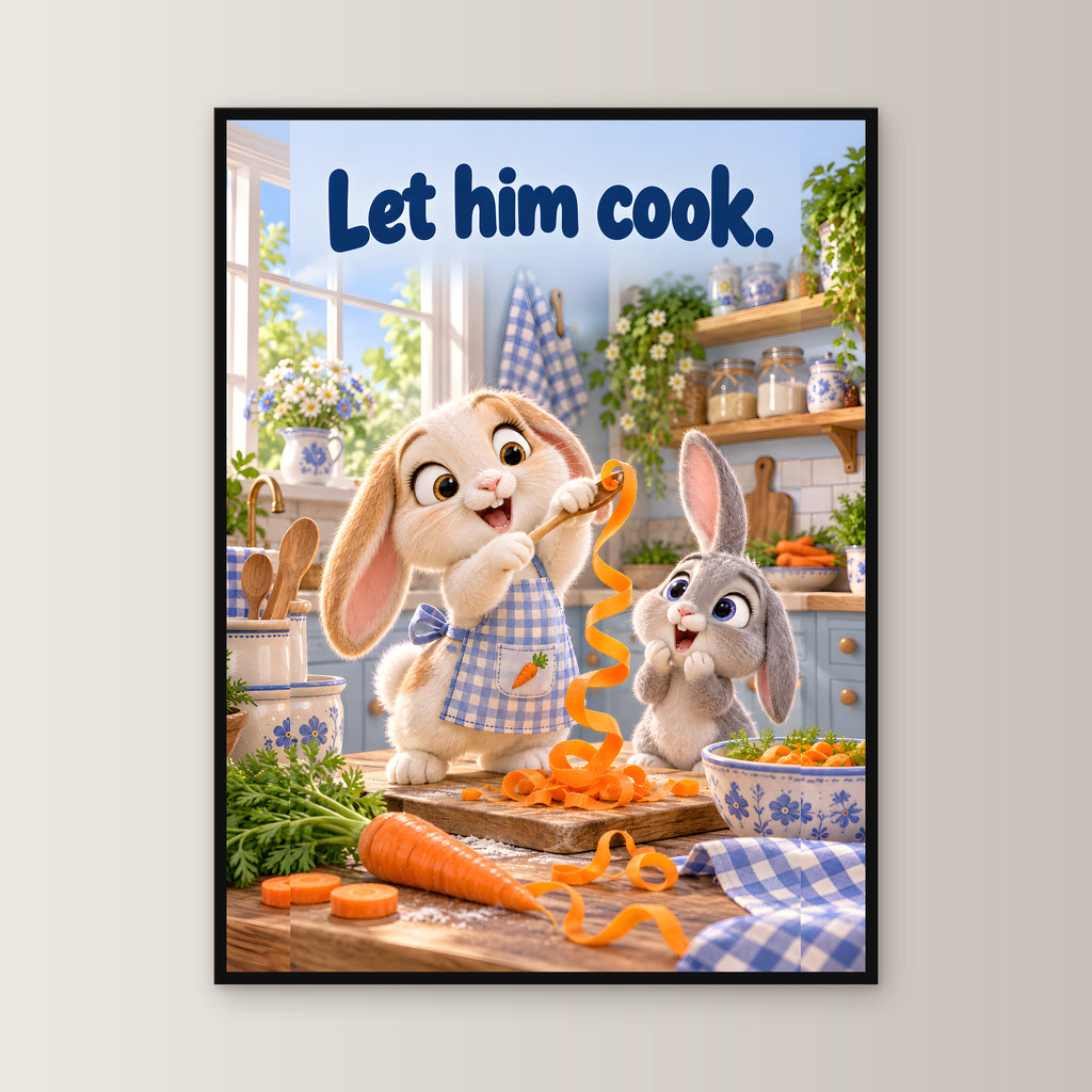 Möhren-Spaghetti – Gerahmtes Kaninchenbild. Spruch: Let him cook. 60×80 cm. Schwarzer Holzrahmen ohne Passepartout. 1 FRONTAL