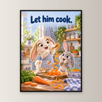 Möhren-Spaghetti – Gerahmtes Kaninchenbild. Spruch: Let him cook. 60×80 cm. Schwarzer Holzrahmen ohne Passepartout. 1 FRONTAL
