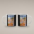 Zwei Kaninchen spielen in einer hellen Küche mit langen Möhrenstreifen; eines trägt eine karierte Schürze. Spruch: Let him cook. – weiße Tasse, beide Motivseiten.