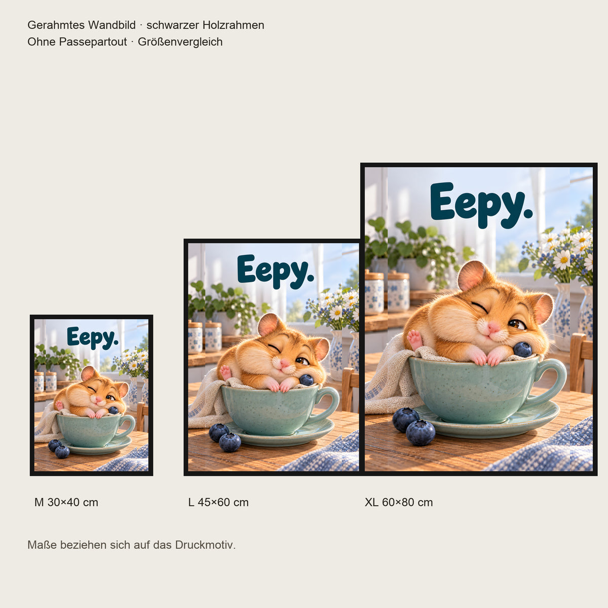 Espresso-Schlafplatz – Gerahmtes Hamsterbild. Spruch: Eepy. Größenvergleich. Schwarzer Holzrahmen ohne Passepartout. 4 GROESSEN
