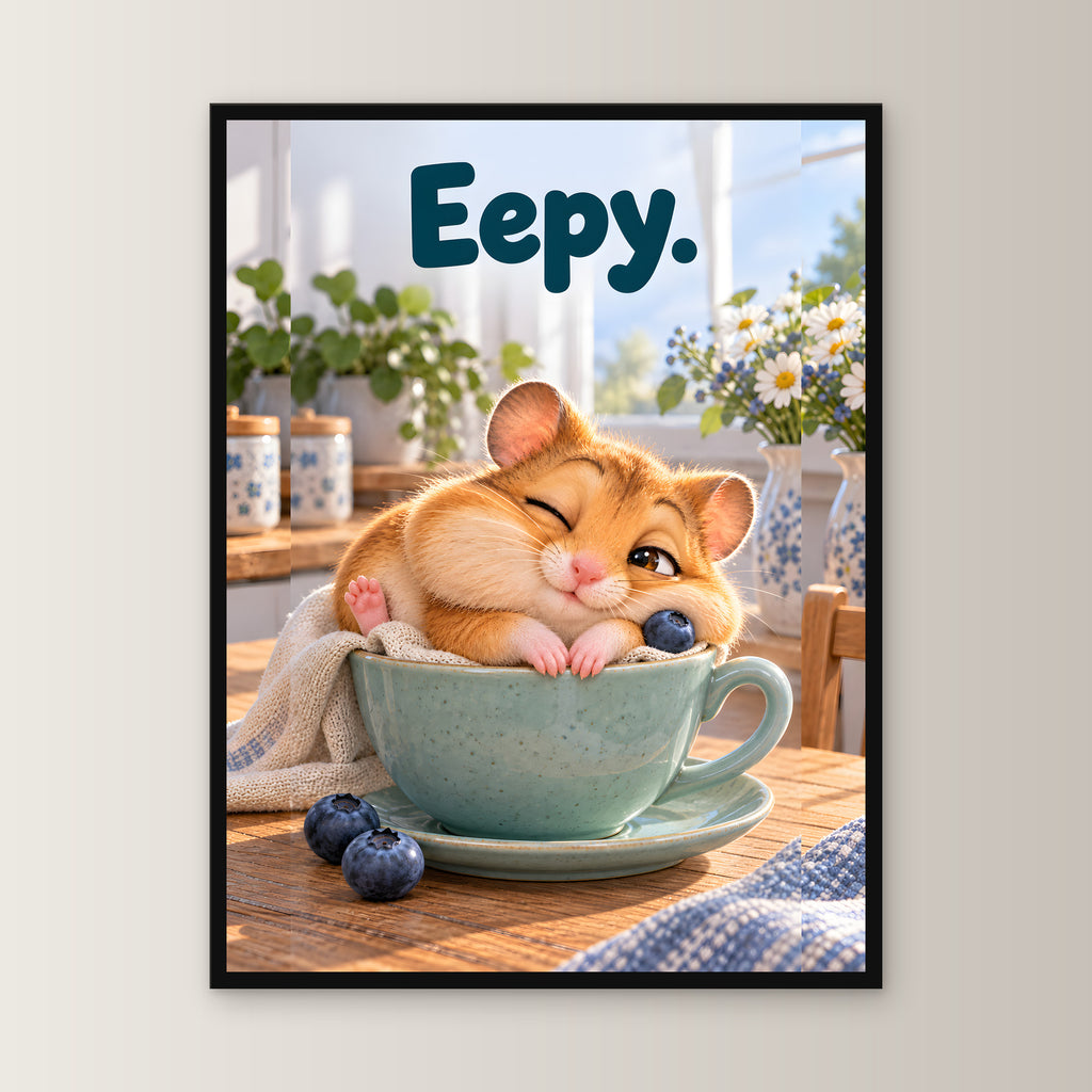 Espresso-Schlafplatz – Gerahmtes Hamsterbild. Spruch: Eepy. 45×60 cm. Schwarzer Holzrahmen ohne Passepartout. 1 FRONTAL