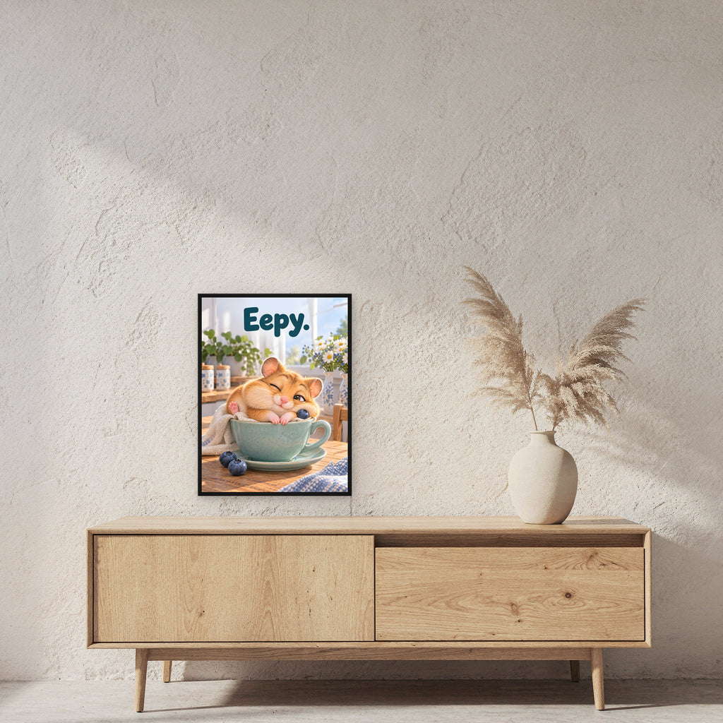 Espresso-Schlafplatz – Gerahmtes Hamsterbild. Spruch: Eepy. 45×60 cm. Schwarzer Holzrahmen ohne Passepartout. 2 RAUM 45x60cm