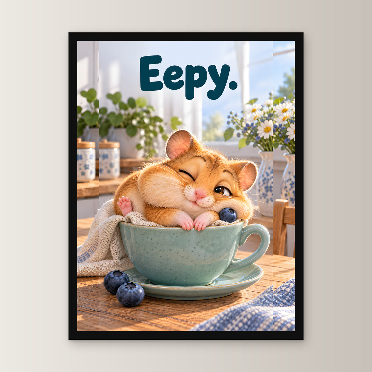Espresso-Schlafplatz – Gerahmtes Hamsterbild. Spruch: Eepy. 30×40 cm. Schwarzer Holzrahmen ohne Passepartout. 1 FRONTAL
