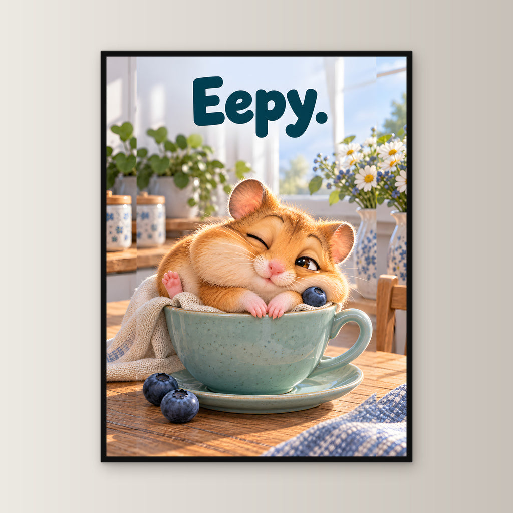 Espresso-Schlafplatz – Gerahmtes Hamsterbild. Spruch: Eepy. 60×80 cm. Schwarzer Holzrahmen ohne Passepartout. 1 FRONTAL