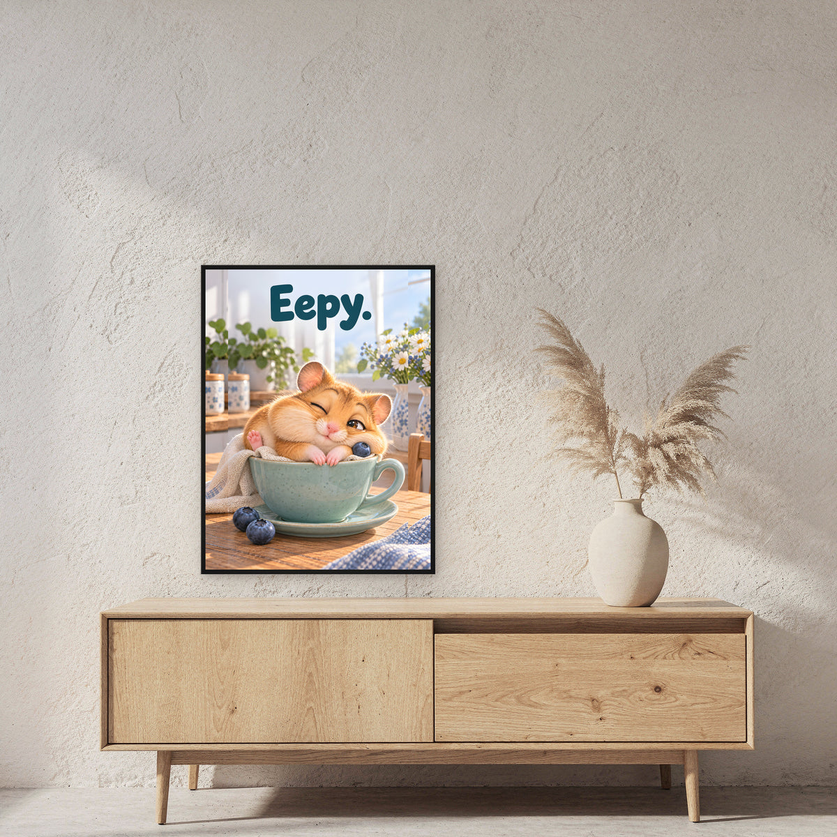 Espresso-Schlafplatz – Gerahmtes Hamsterbild. Spruch: Eepy. 60×80 cm. Schwarzer Holzrahmen ohne Passepartout. 2 RAUM 60x80cm